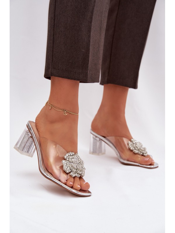 Transparent Block Heels Sandals with Decoration D&A MR1037-20 Silver
