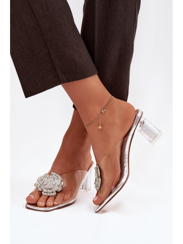 Transparent Block Heels Sandals with Decoration D&A MR1037-20 Silver 2