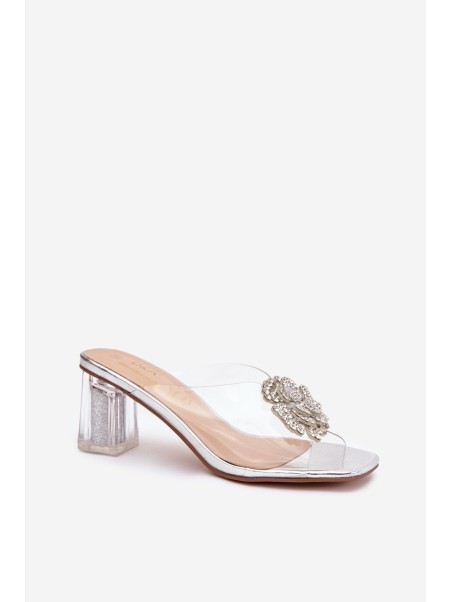 Transparent Block Heels Sandals with Decoration D&A MR1037-20 Silver