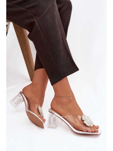 Transparent Block Heels Sandals with Decoration D&A MR1037-20 Silver