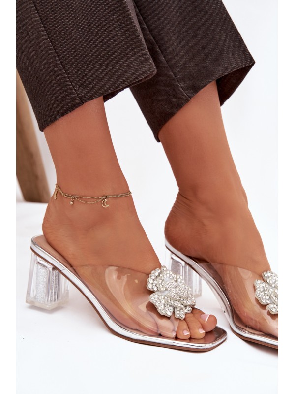 Transparent Block Heels Sandals with Decoration D&A MR1037-20 Silver
