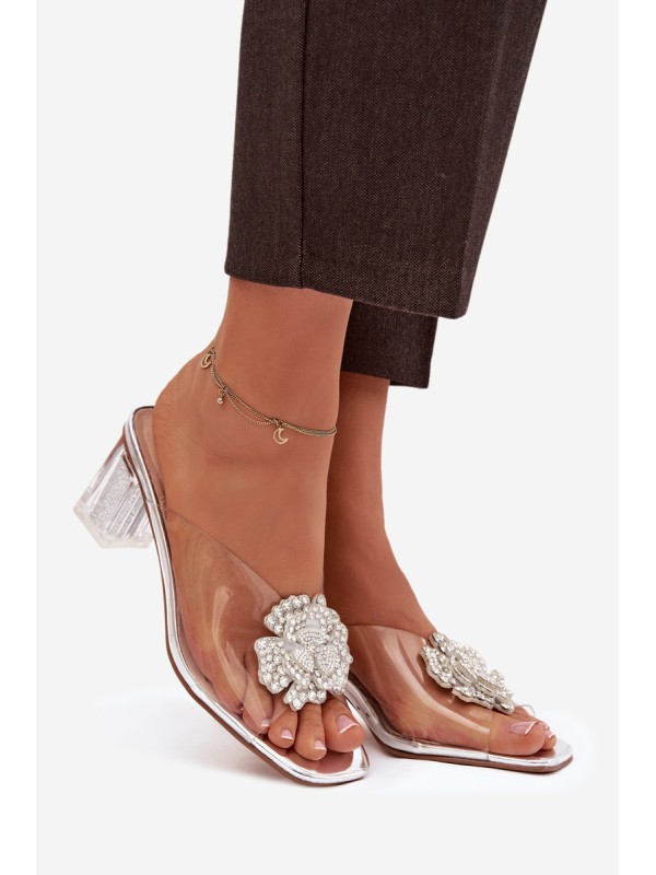 Transparent Block Heels Sandals with Decoration D&A MR1037-20 Silver