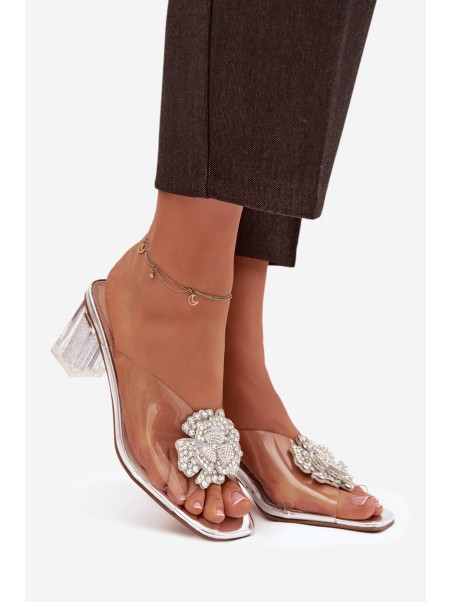 Transparent Block Heels Sandals with Decoration D&A MR1037-20 Silver