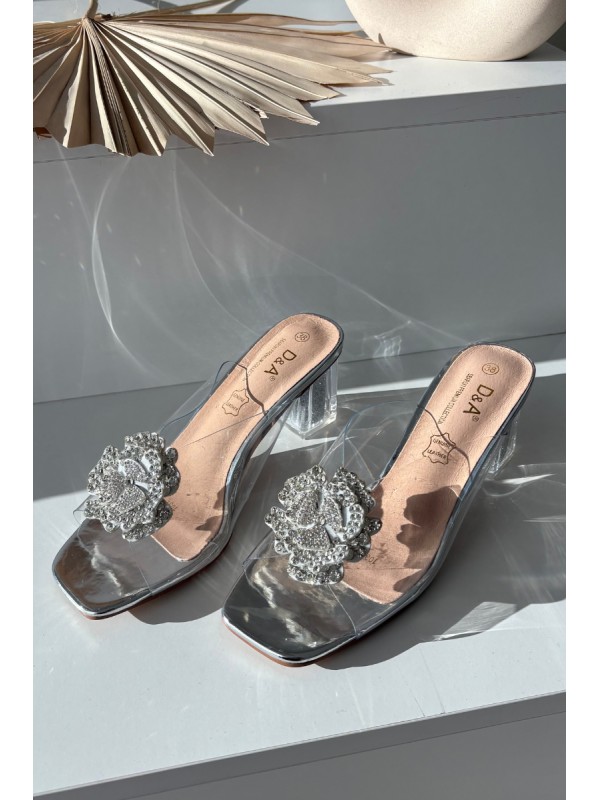 Transparent Block Heels Sandals with Decoration D&A MR1037-20 Silver