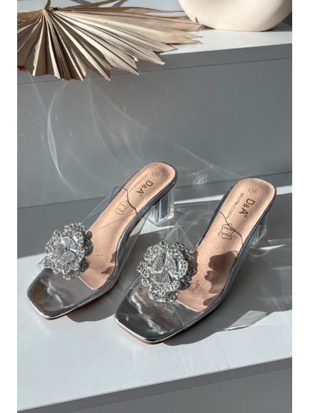 Transparent Block Heels Sandals with Decoration D&A MR1037-20 Silver