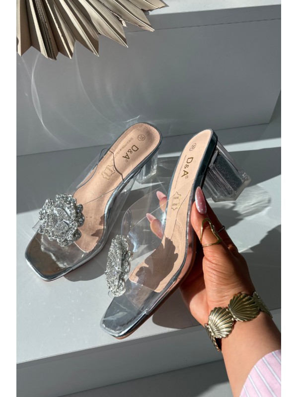 Transparent Block Heels Sandals with Decoration D&A MR1037-20 Silver