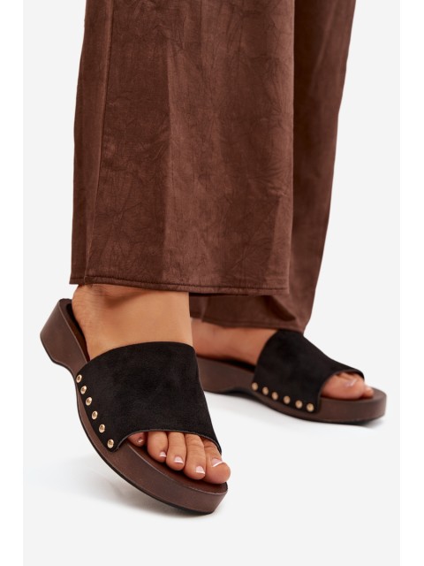 Women's Slippers with Gold Studs Black Ferinna