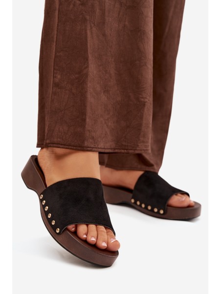 Women's Slippers with Gold Studs Black Ferinna