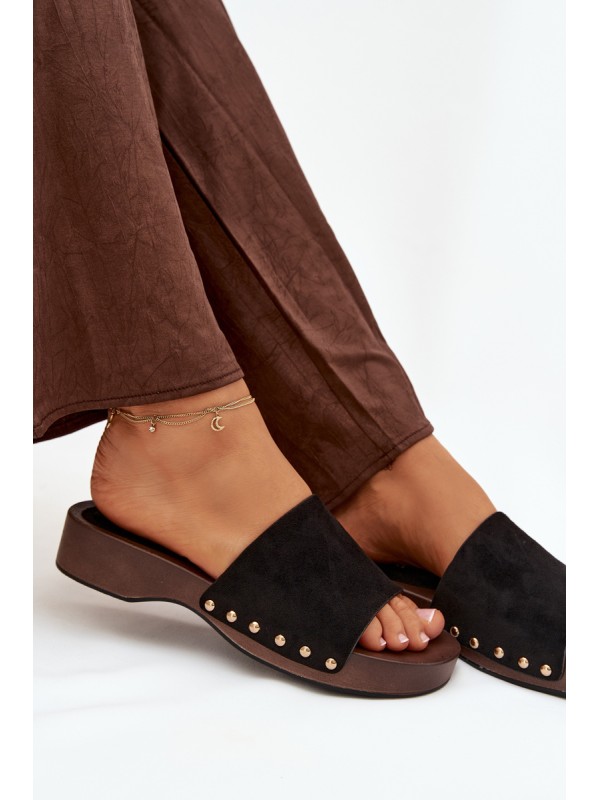 Women's Slippers with Gold Studs Black Ferinna