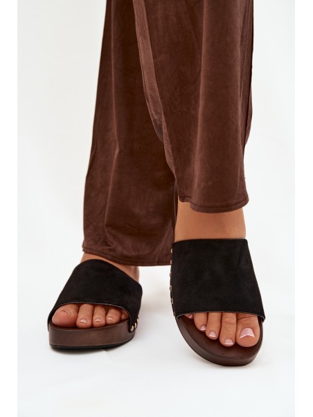 Women's Slippers with Gold Studs Black Ferinna