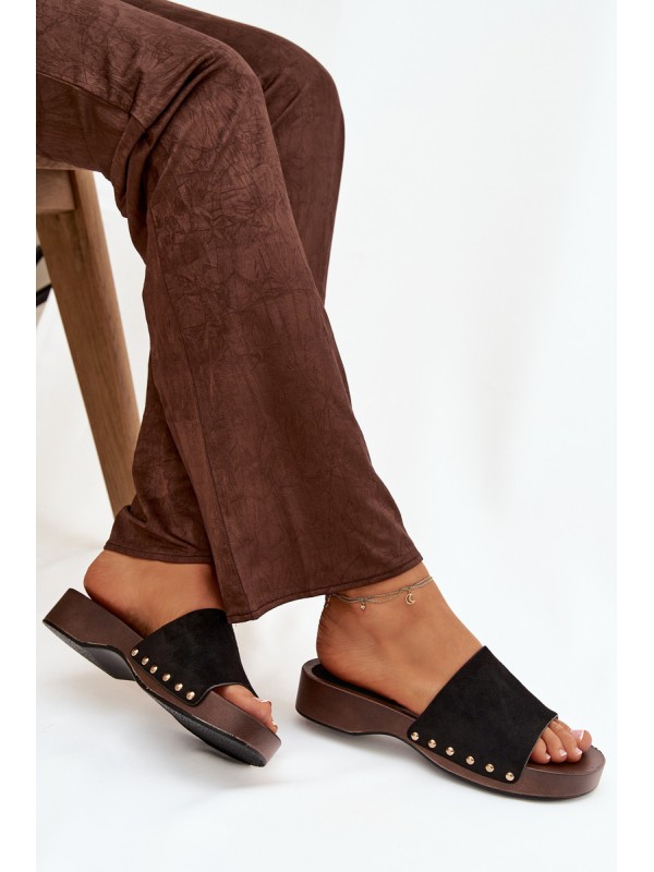 Women's Slippers with Gold Studs Black Ferinna