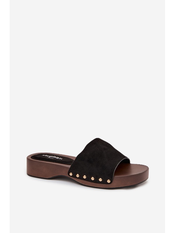 Women's Slippers with Gold Studs Black Ferinna