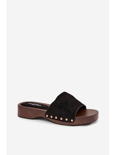 Women's Slippers with Gold Studs Black Ferinna