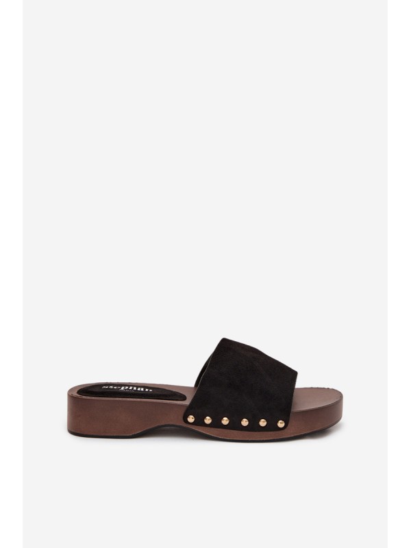 Women's Slippers with Gold Studs Black Ferinna