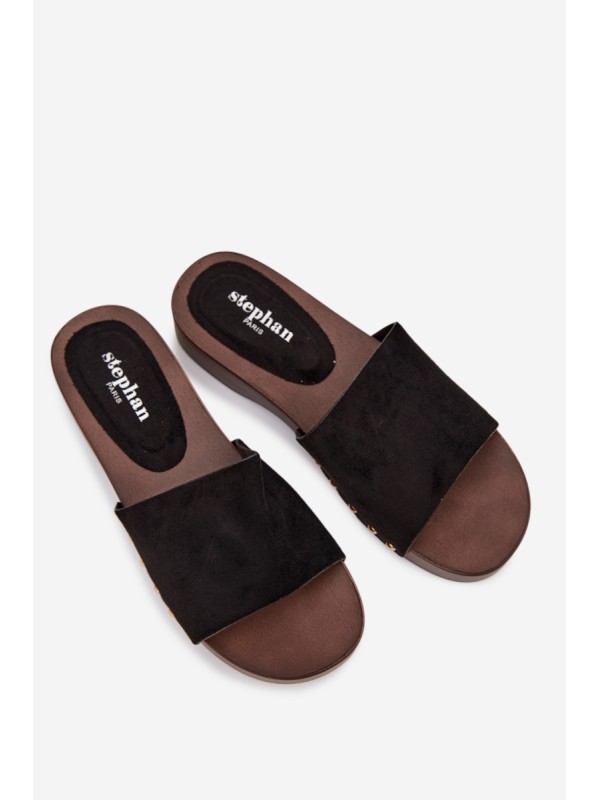 Women's Slippers with Gold Studs Black Ferinna