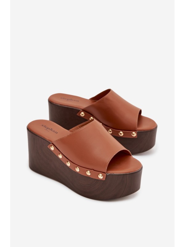 Women's Platform Slides with Buckles Camel Mareline