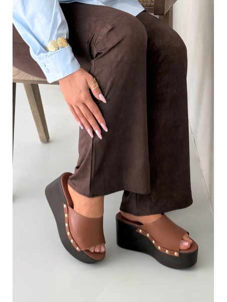 Women's Platform Slides with Buckles Camel Mareline