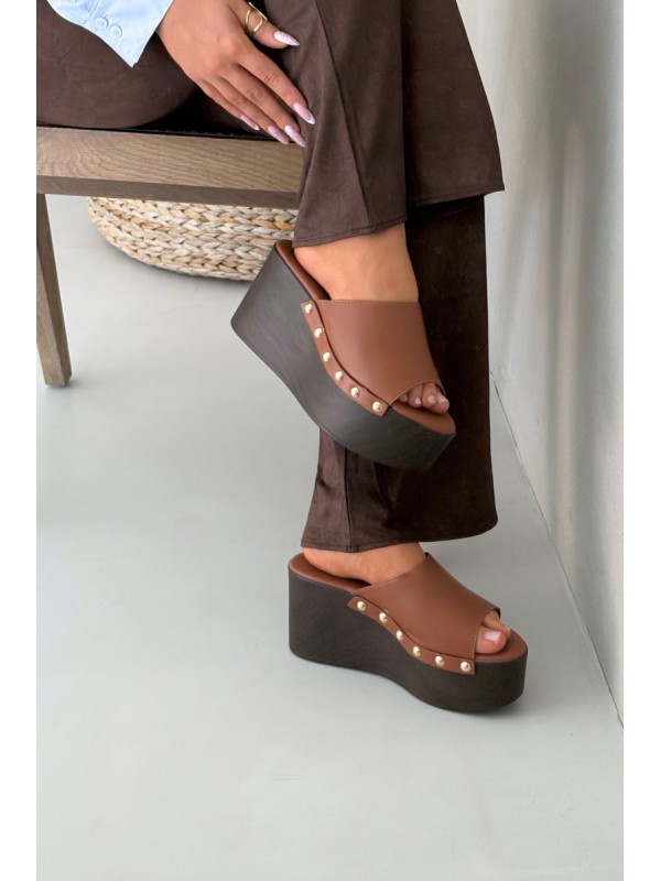 Women's Platform Slides with Buckles Camel Mareline