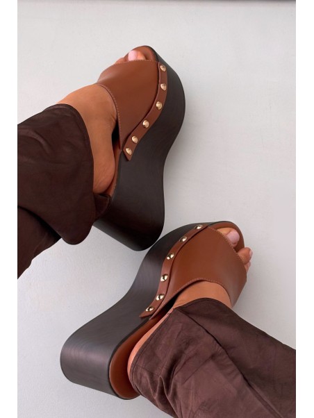 Women's Platform Slides with Buckles Camel Mareline
