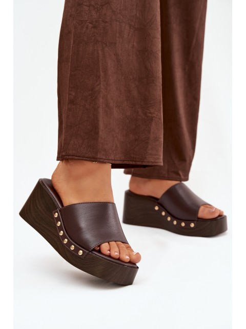 Women's Platform Slides with Gold Studs Chocolate Arionne 2