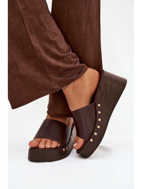 Women's Platform Slides with Gold Studs Chocolate Arionne