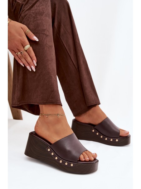 Women's Platform Slides with Gold Studs Chocolate Arionne