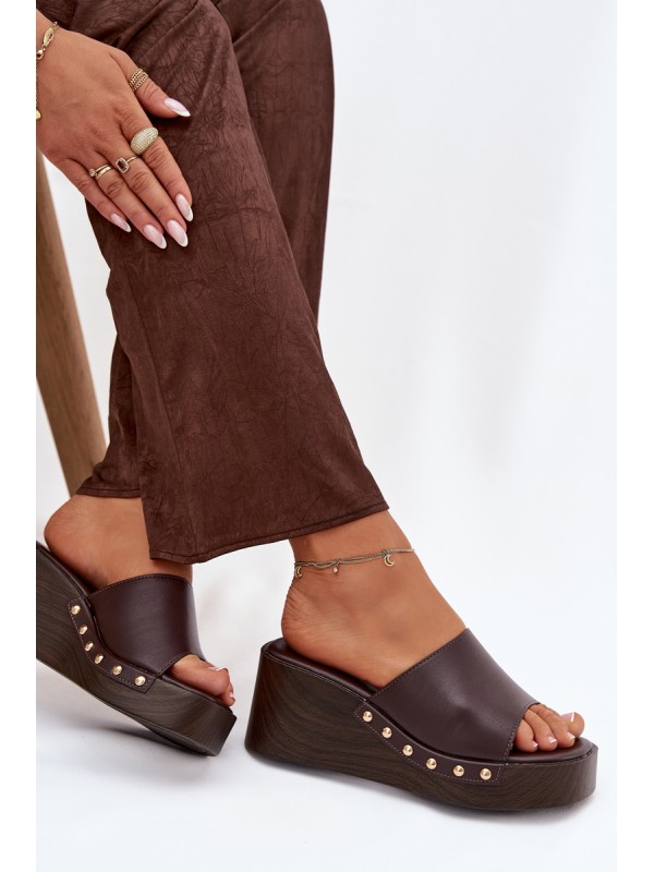 Women's Platform Slides with Gold Studs Chocolate Arionne