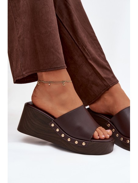 Women's Platform Slides with Gold Studs Chocolate Arionne