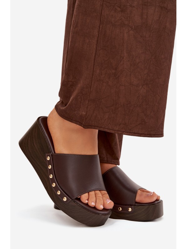 Women's Platform Slides with Gold Studs Chocolate Arionne