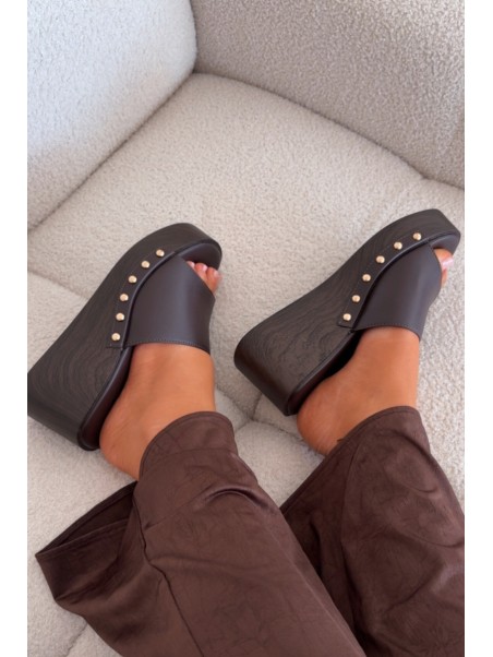 Women's Platform Slides with Gold Studs Chocolate Arionne