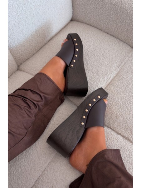 Women's Platform Slides with Gold Studs Chocolate Arionne