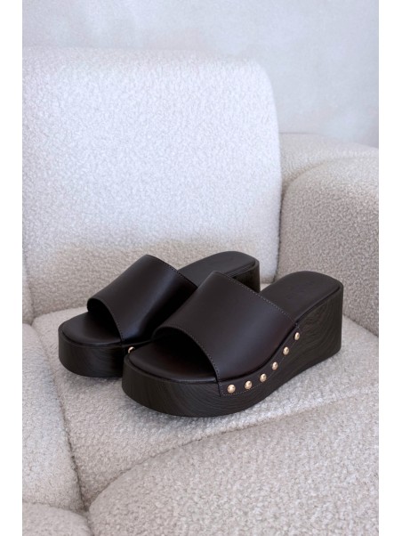 Women's Platform Slides with Gold Studs Chocolate Arionne