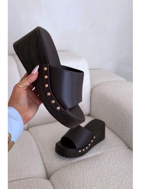 Women's Platform Slides with Gold Studs Chocolate Arionne