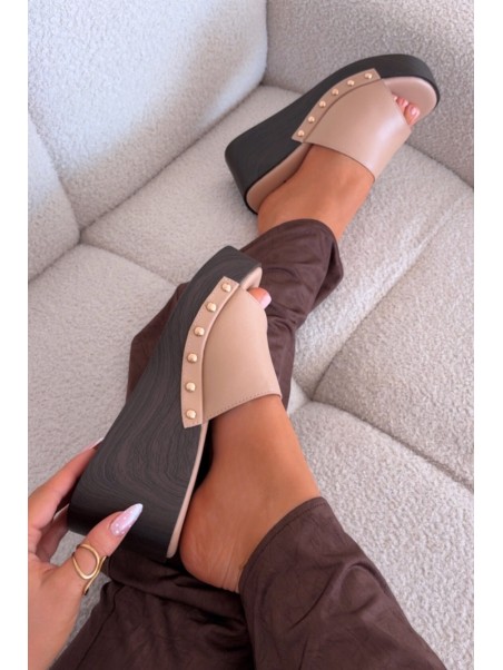 Women's Platform Sandals with Gold Studs Beige Arionne