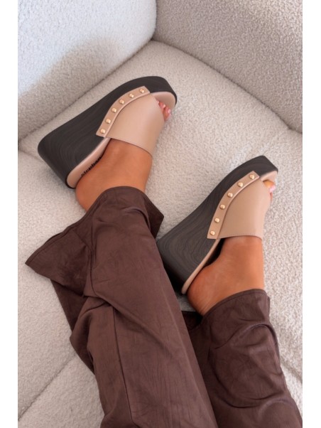 Women's Platform Sandals with Gold Studs Beige Arionne