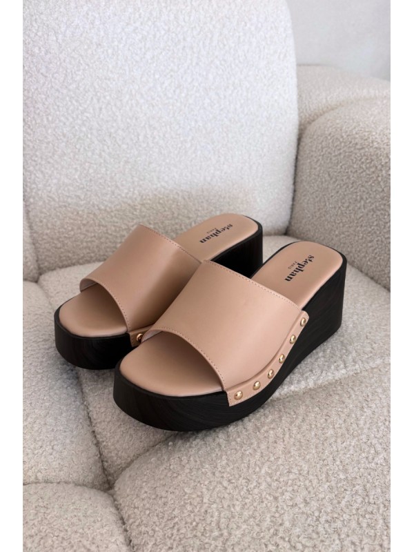 Women's Platform Sandals with Gold Studs Beige Arionne