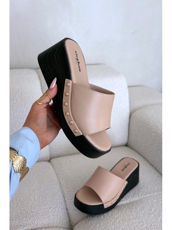 Women's Platform Sandals with Gold Studs Beige Arionne