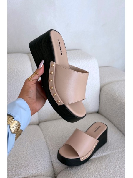 Women's Platform Sandals with Gold Studs Beige Arionne