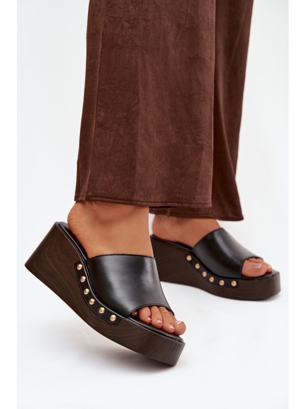 Women's Platform Flip Flops with Gold Studs Black Arionne