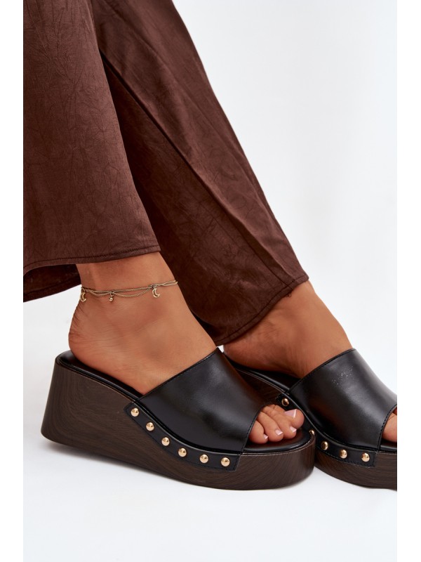 Women's Platform Flip Flops with Gold Studs Black Arionne