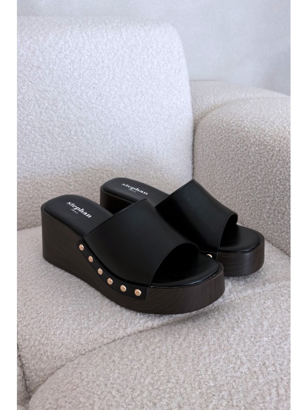 Women's Platform Flip Flops with Gold Studs Black Arionne