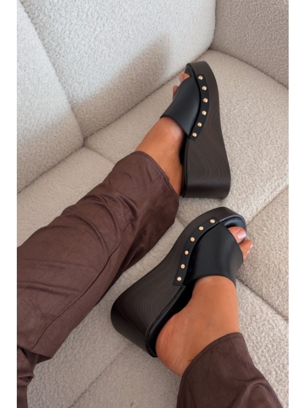 Women's Platform Flip Flops with Gold Studs Black Arionne
