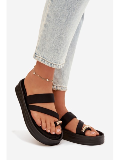 Fabric Women's Slippers with Straps and Gold Detail Black Farielle