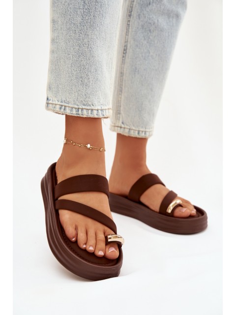 Fabric Women's Slides With Straps And Gold Detail Chocolate Farielle