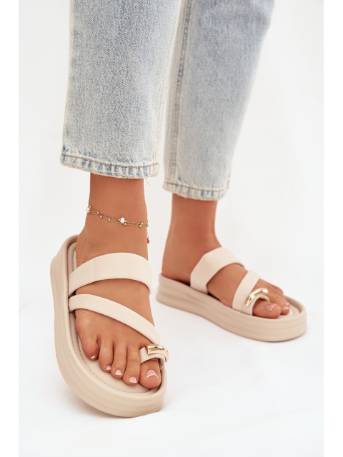 Fabric Ladies' Slides with Straps and Gold Detail Light Beige Farielle