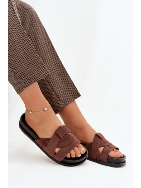 Women's Eco Suede Slippers with Straps Dark Brown Marivessa