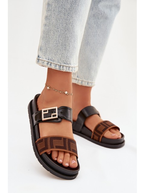 Women's Slippers With Gold Buckle Black Fiorisse