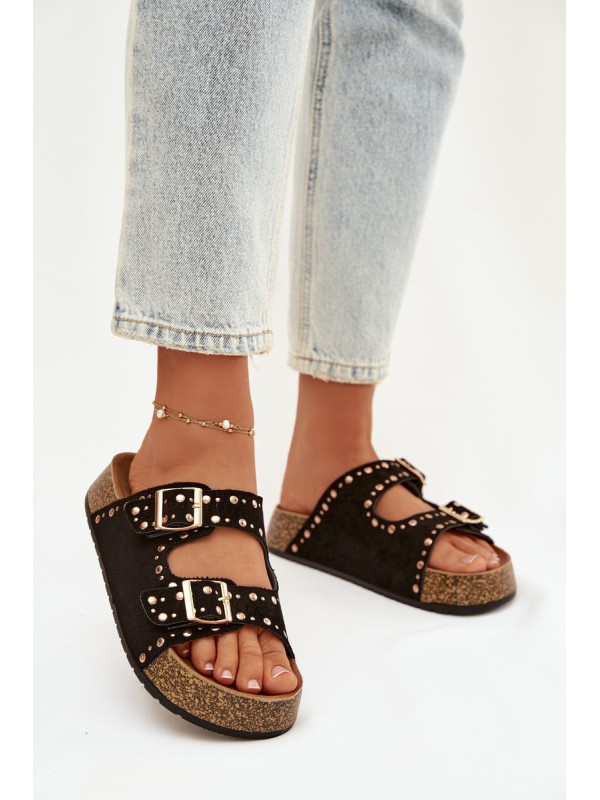 Women s Slippers With Gold Clips and Studs Black Tervina