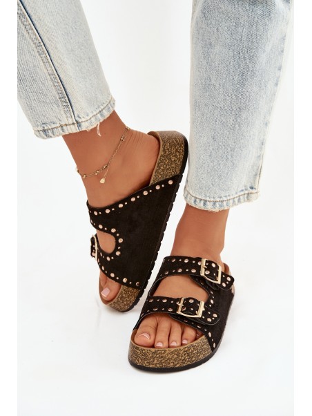 Women s Slippers With Gold Clips and Studs Black Tervina