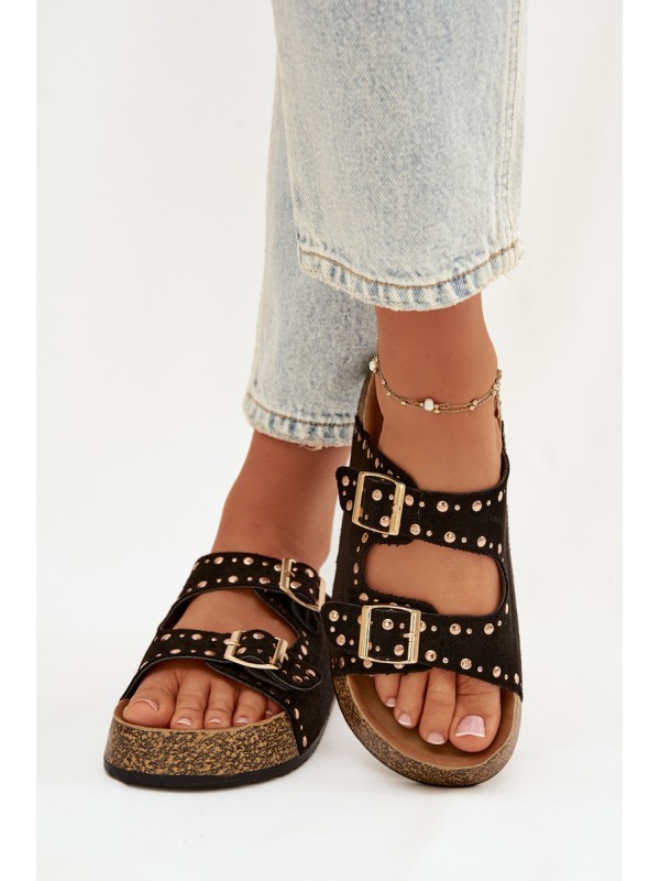 Women s Slippers With Gold Clips and Studs Black Tervina